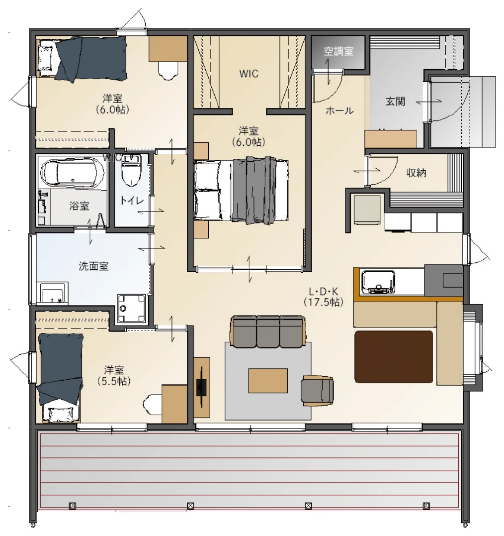 直方モデルハウスの間取り図。L・D・K 17.5帖、洋室6.0帖・6.0帖・5.5帖の3部屋、WIC、空調室、ウッドデッキ付きの平屋